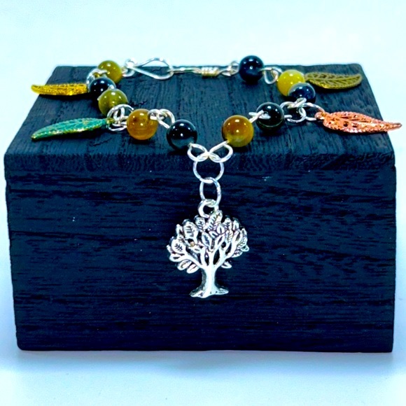 Handmade Tree & Leaf Charm Bracelet with Natural Tiger Eye Stones! - Picture 2 of 8